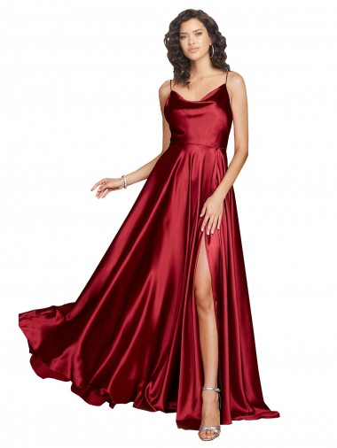 Cheap A-Line Cowl Neck Silky Satin Long Burgundy Black Tie Formal Dress