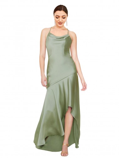 Cheap A-Line Cowl Neck Silky Satin Long Smoke Green High Low Formal Dress