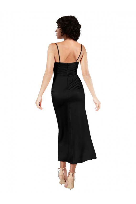 Cheap A-Line Cowl Neck Silky Satin Tea Length Black Formal Dress