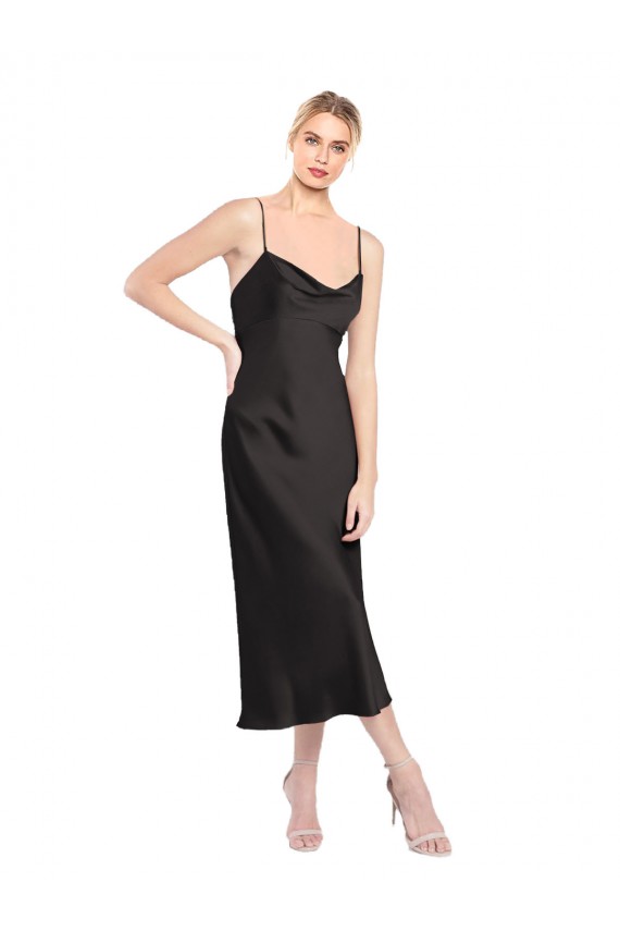 Cheap A-Line Cowl Neck Stretch Satin Midi Length Black Formal Dress