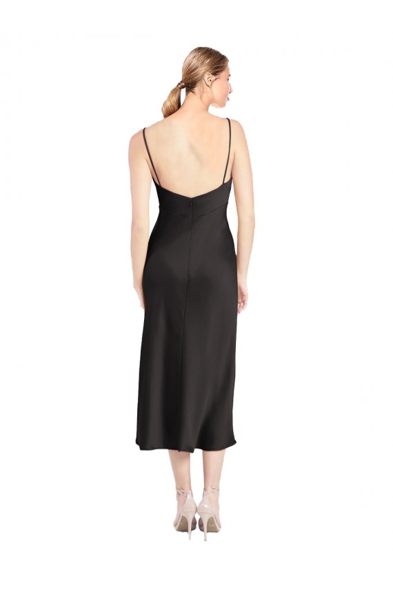 Cheap A-Line Cowl Neck Stretch Satin Midi Length Black Formal Dress
