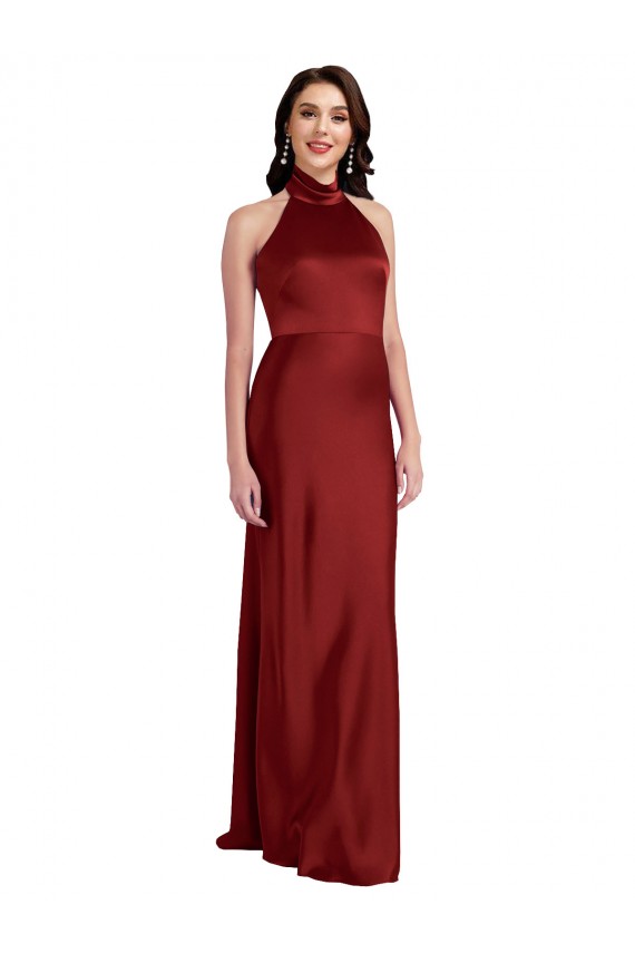 Cheap A-Line Halter Neck Stretch Satin Long Burgundy Black Tie Formal Dress
