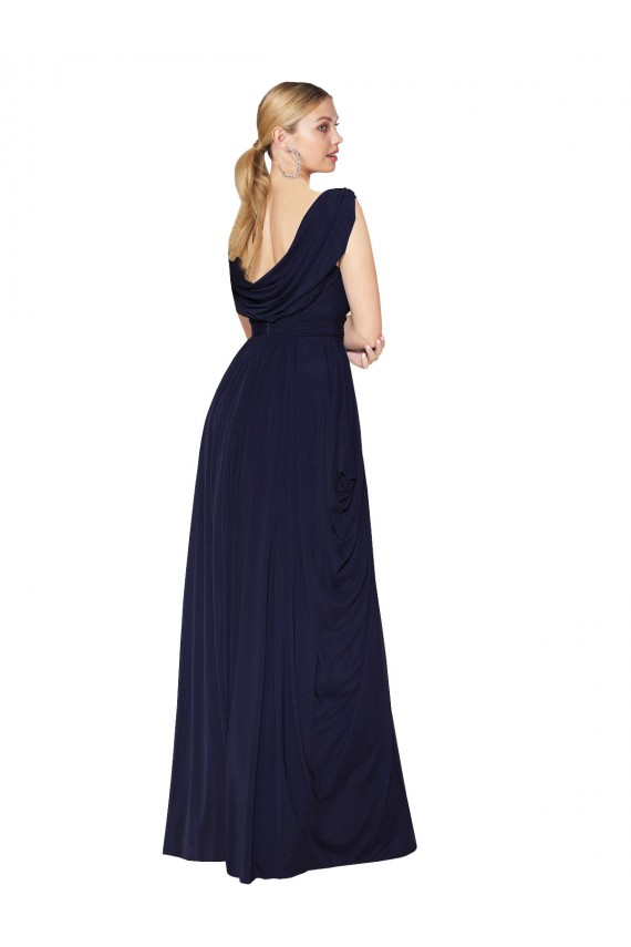 Cheap A-Line High Neck Chiffon Long Dark Navy Formal Dress