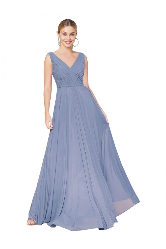 Cheap A-Line High Neck Chiffon Long Dusty Blue Formal Dress