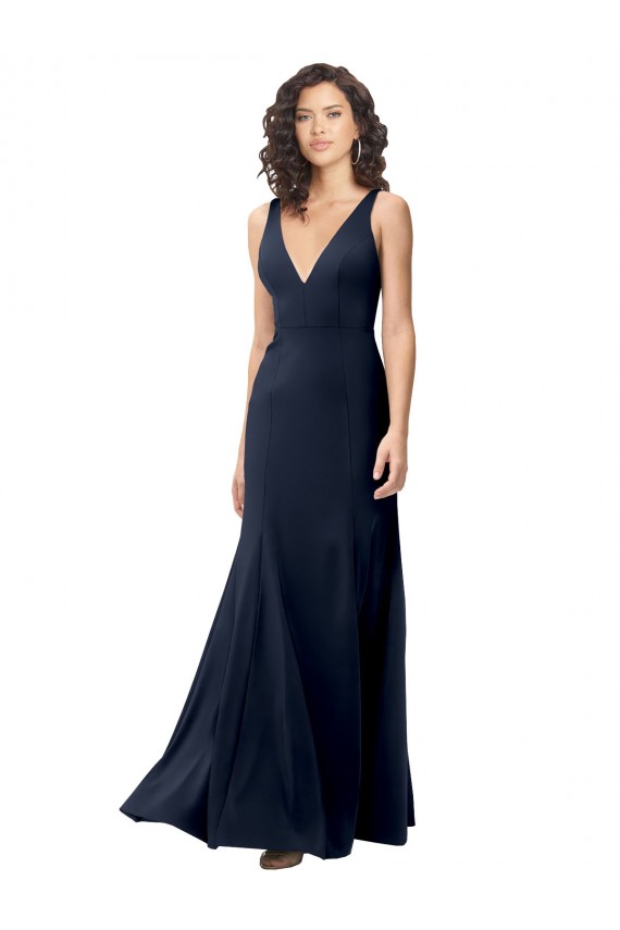 Cheap A-Line High Neck Stretch Crepe Long Dark Navy Formal Gown