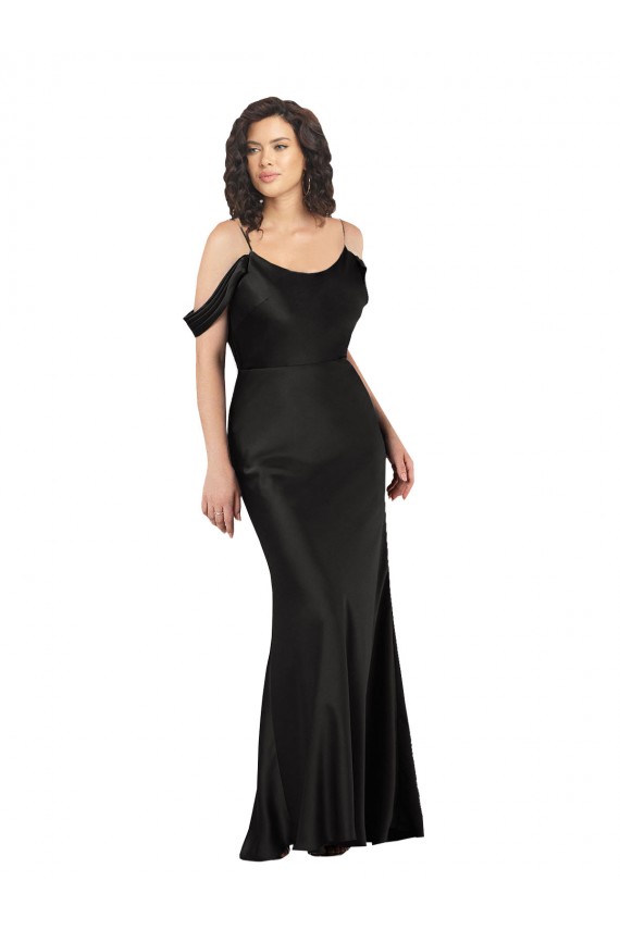 Cheap A-Line Off the Shoulder Silky Satin Long Black Formal Dress