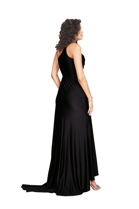 Cheap A-Line One Shoulder Silky Satin Long Black Black Tie Formal Dress