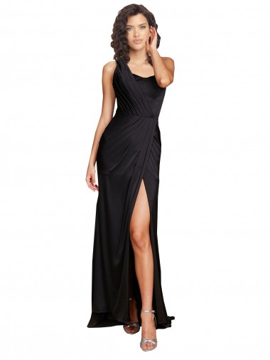 Cheap A-Line One Shoulder Silky Satin Long Black Formal Dress
