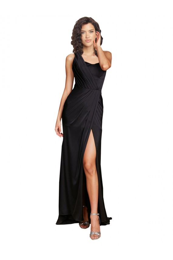 Cheap A-Line One Shoulder Silky Satin Long Black Formal Dress