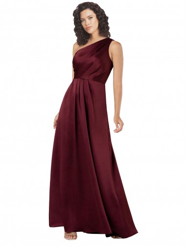 Cheap A-Line One Shoulder Silky Satin Long Burgundy Formal Dress