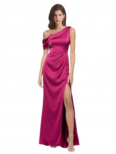 Cheap A-Line One Shoulder Stretch Satin Long Fuchsia Formal Dress