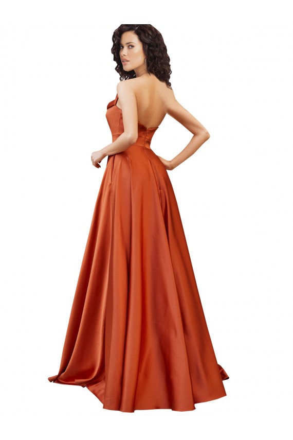 Cheap A-Line Round Neck Silky Satin Sweep Train Burnt Orange Formal Dress