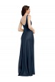 Cheap A-Line Square Neck Stretch Satin Long Dark Navy Formal Dress