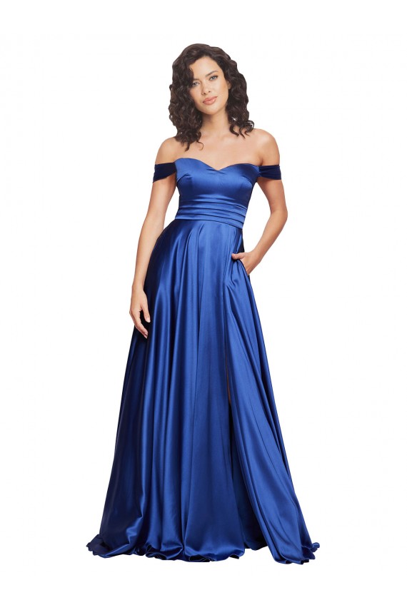 Cheap A-Line Sweetheart Stretch Satin Sweep Train Royal Blue Formal Dress