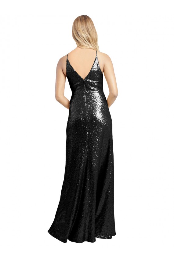 Cheap A-Line V-Neck Sequin Long Black Formal Dress