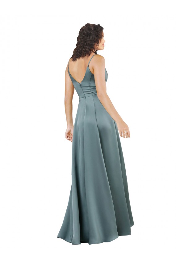 Cheap A-Line V-Neck Silky Satin Long Black Formal Dress