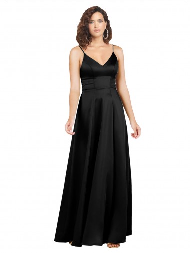 Cheap A-Line V-Neck Silky Satin Long Black Formal Dress