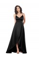 Cheap A-Line V-Neck Silky Satin Long Black High Low Formal Dress