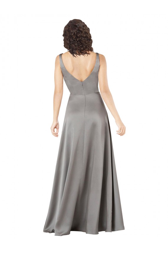 Cheap A-Line V-Neck Silky Satin Long Pearl Grey Formal Dress