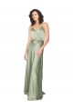 Cheap A-Line V-Neck Silky Satin Long Smoke Green Formal Dress