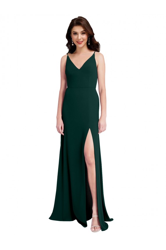 Cheap A-Line V-Neck Stretch Crepe Long Midnight Green Formal Dress