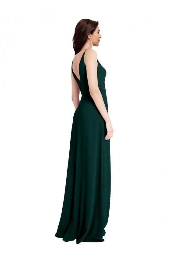 Cheap A-Line V-Neck Stretch Crepe Long Midnight Green Formal Dress