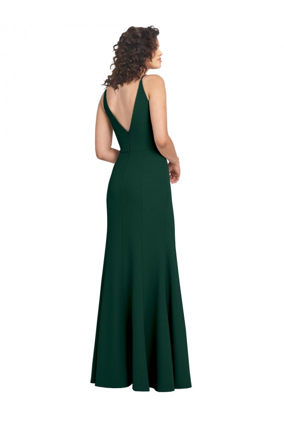 Cheap A-Line V-Neck Stretch Crepe Long Midnight Green Formal Gown