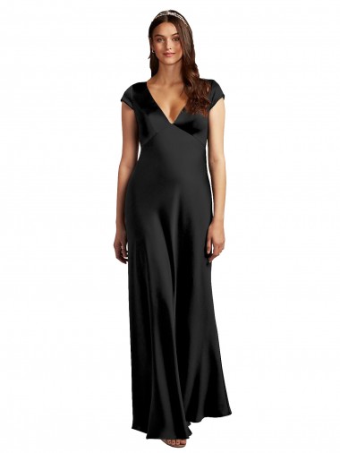 Cheap A-Line V-Neck Stretch Satin Long Black Formal Dress