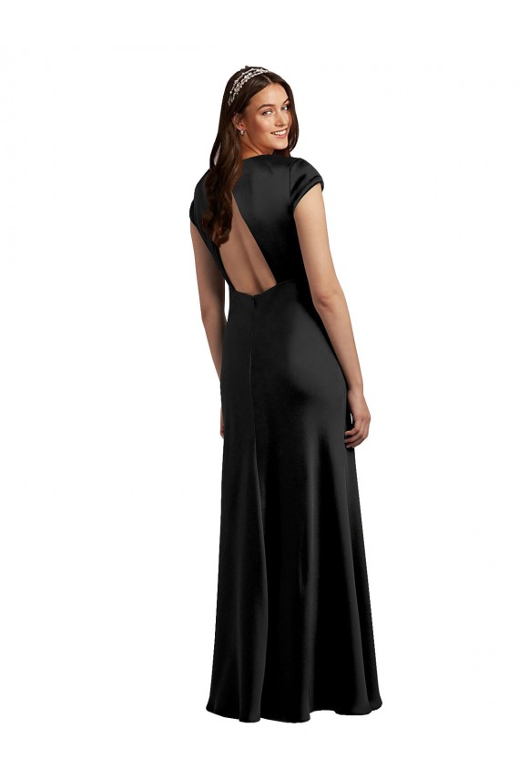 Cheap A-Line V-Neck Stretch Satin Long Black Formal Dress