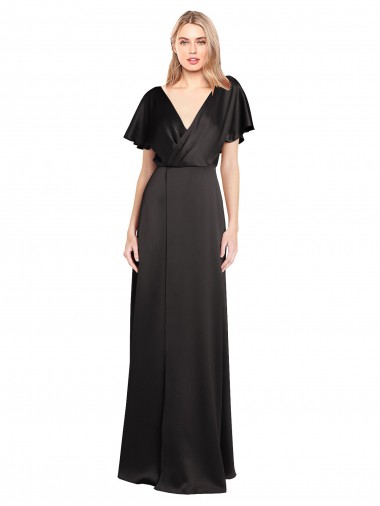 Cheap A-Line V-Neck Stretch Satin Long Black Formal Gown