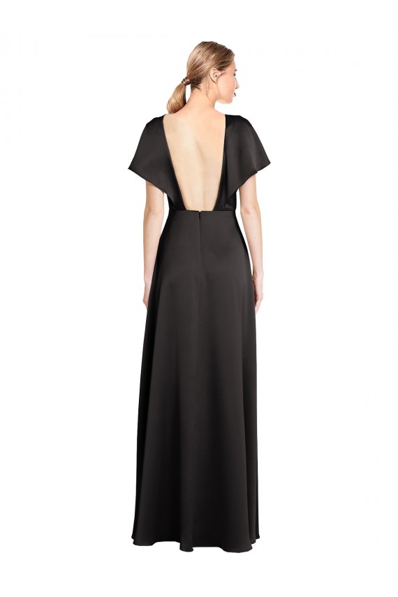 Cheap A-Line V-Neck Stretch Satin Long Black Formal Gown