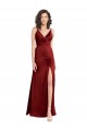 Cheap A-Line V-Neck Stretch Satin Long Burgundy Formal Gown