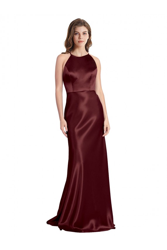 Cheap A-Line V-Neck Stretch Satin Long Burgundy Gold Formal Gown