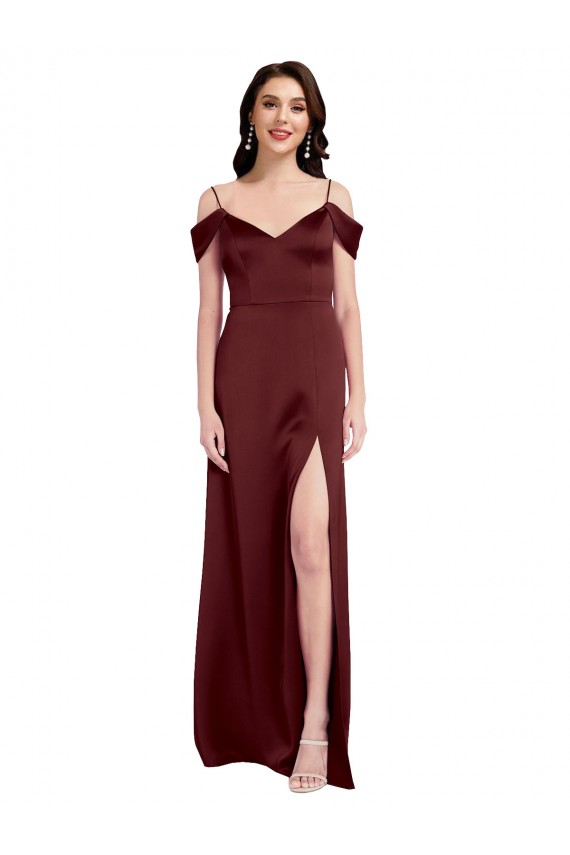 Cheap A-Line V-Neck Stretch Satin Long Burgundy Gold Sleeveless Formal Dress