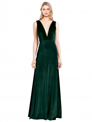 Cheap A-Line V-Neck Stretch Velvet Long Dark Green Formal Gowns