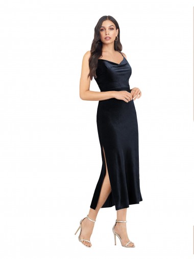 Cheap Column Cowl Neck Stretch Velvet Midi Length Dark Navy Formal Dress