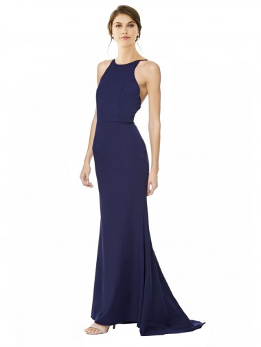 Cheap Mermaid High Halter Neck Stretch Crepe Long Navy Blue Formal Dress