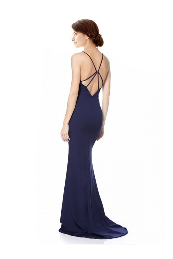 Cheap Mermaid High Halter Neck Stretch Crepe Long Navy Blue Formal Dress