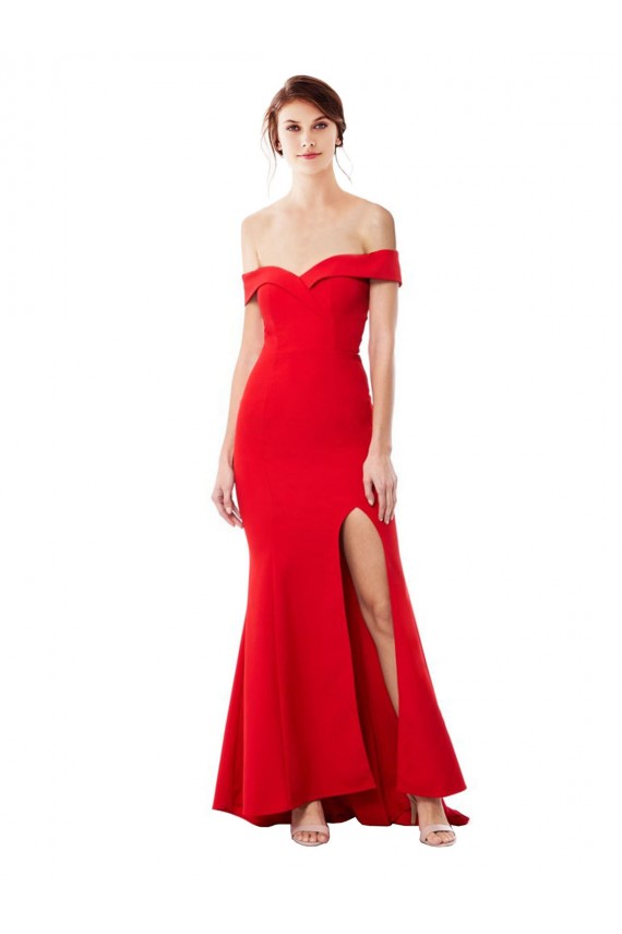 Cheap Mermaid High Neck Stretch Crepe Long Red High Slit Sexy Formal Dress