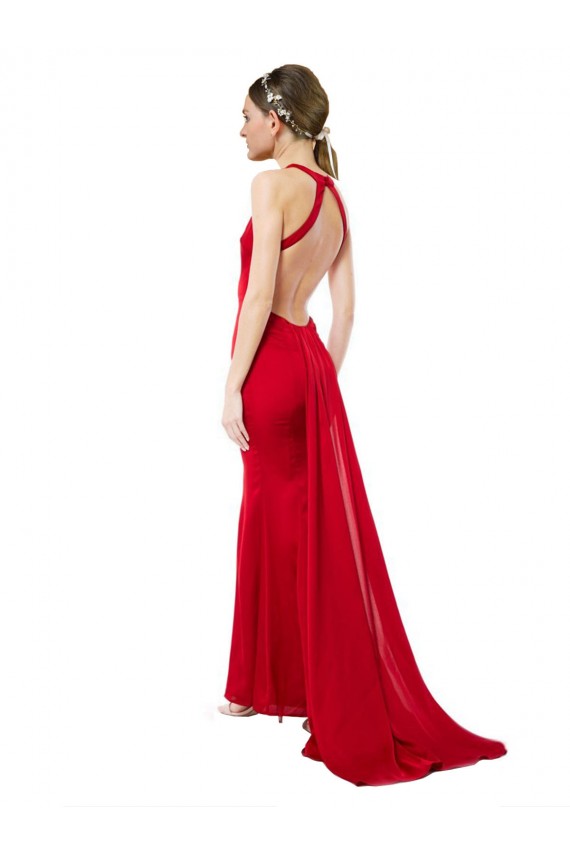 Cheap Mermaid High Neck Stretch Crepe Open Back Long Red Formal Dress