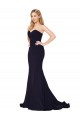 Cheap Mermaid High Neck Stretch Crepe Sweep Train Dark Navy Formal Dress