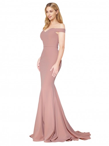 Cheap Mermaid High Neck Stretch Crepe Sweep Train Dusty Pink Formal Dress
