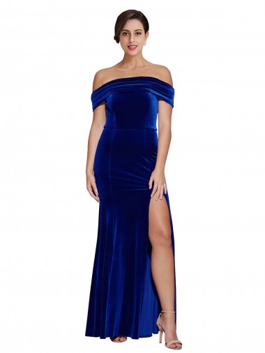 Cheap Mermaid Off the Shoulder Stretch Velvet Long Royal Blue Formal Dress