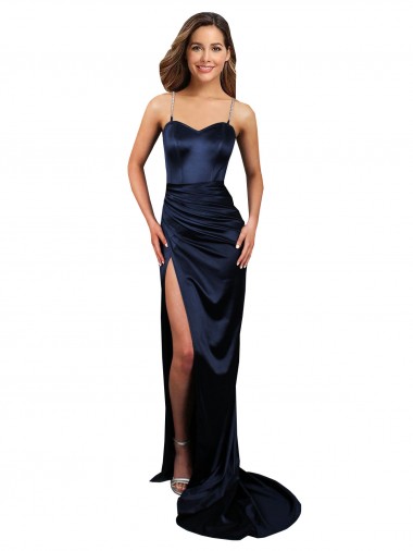 Cheap Mermaid Sweetheart Stretch Satin Long Dark Navy Formal Dress