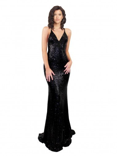 Cheap Mermaid V-Neck Sequin Long Black Black Tie Formal Dress
