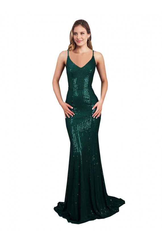 Cheap Mermaid V-Neck Sequin Long Dark Green Formal Dress