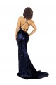 Cheap Mermaid V-Neck Sequin Long Dark Navy Formal Dress