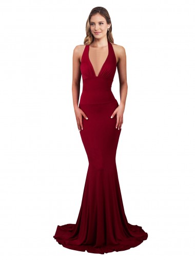 Cheap Mermaid V-Neck Spandex Long Burgundy Formal Dress