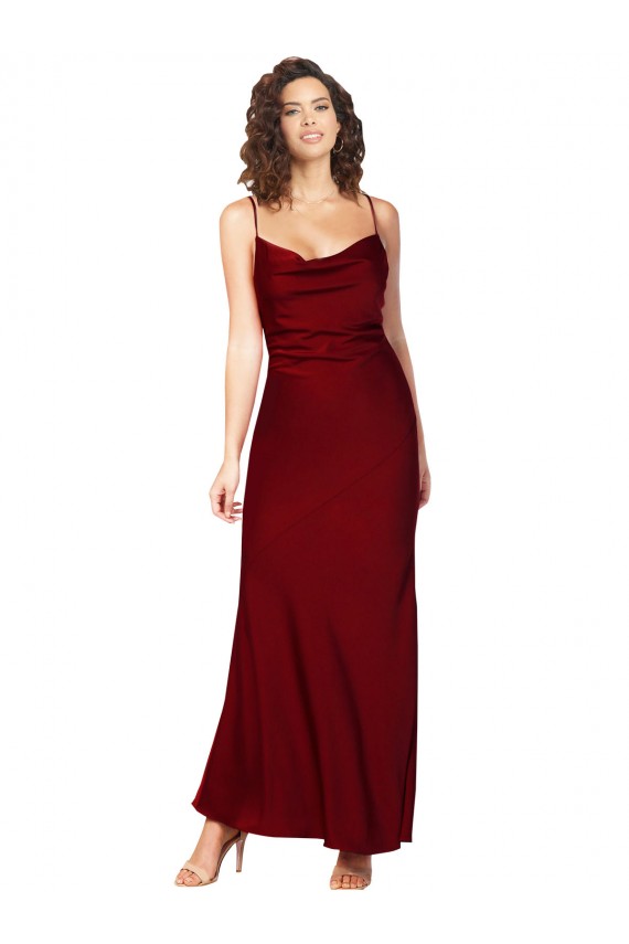 Cheap Sheath Cowl Neck Silky Satin Long Burgundy Black Tie Formal Dress