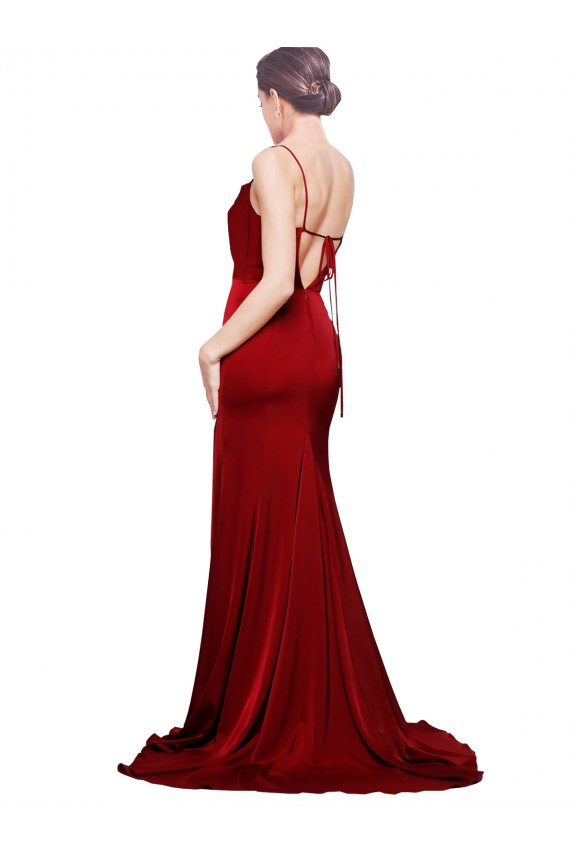 Cheap Sheath Cowl Neck Stretch Satin Sweep Train Burgundy Black Tie Formal Dress